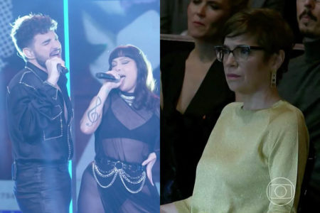 À esquerda, Jão e Pitty homenageiam Rita Lee no Melhores do Ano; à direita, Renata Lo Prete reage à apresentação - Metrópoles
