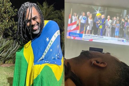 À esquerda, Manoel Soares enrolado à bandeira nacional; à direita, Manoel Soares assiste deitado à posse de Lula - Metrópoles