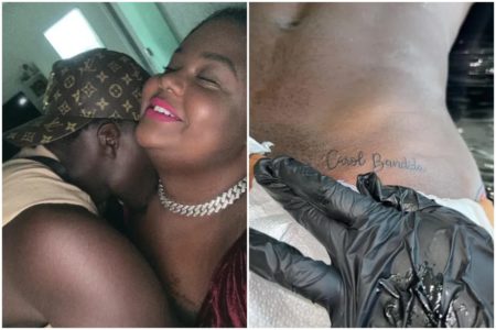 Imagens justapostas de MC Carol e novo affair e de uma tatuagem na cintura do affair escrito "Carol Bandida" - Metrópoles