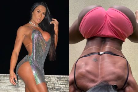 A influencer e fisiculturista Greycianne Barbosa aparece em montagem com foto de vestido de paetês posando (esquerda) e de ponta cabeça rebolando com short rosa (direita) - Metrópoles