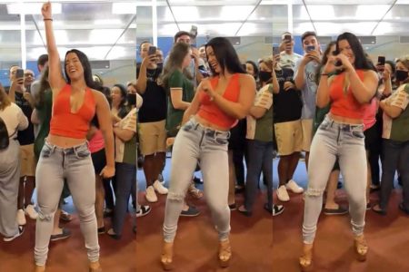 Larissa Tomásia dança Socadona em frente à Casa de Vidro do BBB23 - Metrópoles