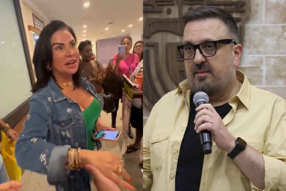 Foto colorida de Solange Gomes em shopping onde está montada a Casa de Vidro do BBB e Rodrigo Carelli, diretor de A Fazenda