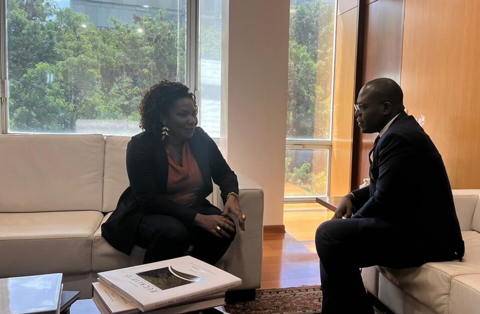 A ministra da Cultura, Margareth Menezes, conversa com o ministro dos Direitos Humanos, Silvio Almeida, durante reunião em Brasília - Metrópoles