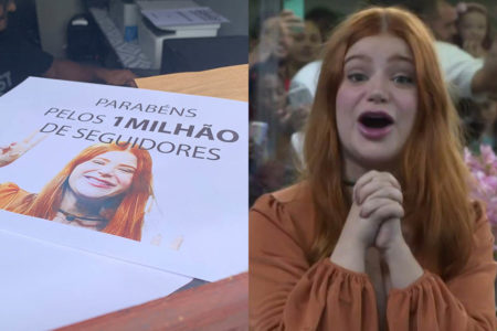 Cartaz para Giovanna Leão, da Casa de Vidro do BBB23, com o falso anúncio de "1 milhão de seguidores" - Metrópoles