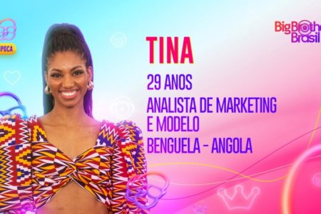 Arte oficial da Globo para Tina, analista de marketing e modelo que participará do time pipoca no BBB23. Ela é negra, tem cabelo escuro e trançado preso em rabo de cavalo, olhos pretos e sorri - Metrópoles