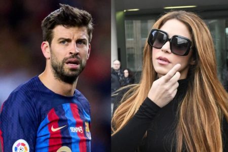 Montagem com fotos coloridas de Piqué e Shakira - Metrópoles