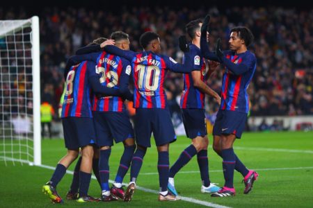 Barcelona comemora gol no Camp Nou