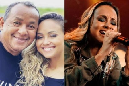 montagem com foto da cantora gospel bruna karla e outra dela com o pai - metrópoles