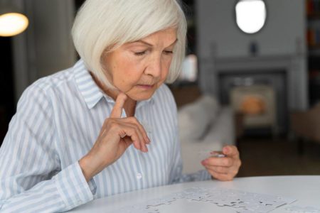 Mulher idosa de cabelos brancos pensando no que estava fazendo