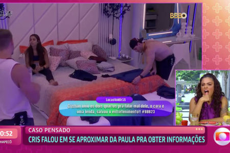 Paula assiste no Mais Você a vídeo de Cristian tramando se aproximar dela para obter informações no BBB23 - Metrópoles