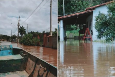 Imagem colorida do alagamento das ruas de Boituva, no litoral paulista, causada por chuvas