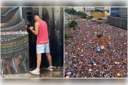 montagem com foto de homem no canto de costas, outa imagem mostra desfile