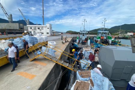 militares desembarcam cestas básicas no porto de São Sebastião - metrópoles