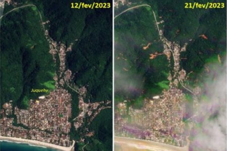 Imagem de satelite em Juquehy mostra antes de depois de estragos das chuvas em SP - Metrópoles