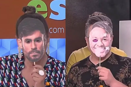 Sonia Abrão usa máscara com rosto de Cara de Sapato, enquanto Vladimir Alves aparece com rosto de Fred Nicácio - Metrópoles