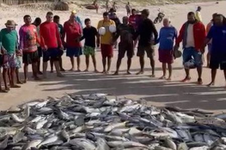 Imagens mostram o momento em que pescadores agradecem fartura da pescaria - Metrópoles