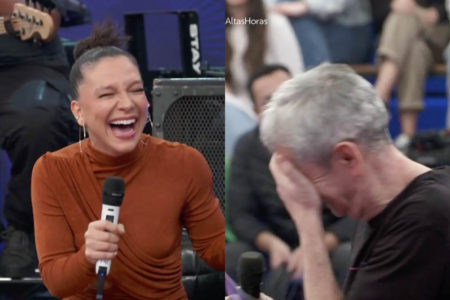 À esquerda, Priscilla Alcantara ri; à direita, Serginho Groisman esconde o rosto - Metrópoles