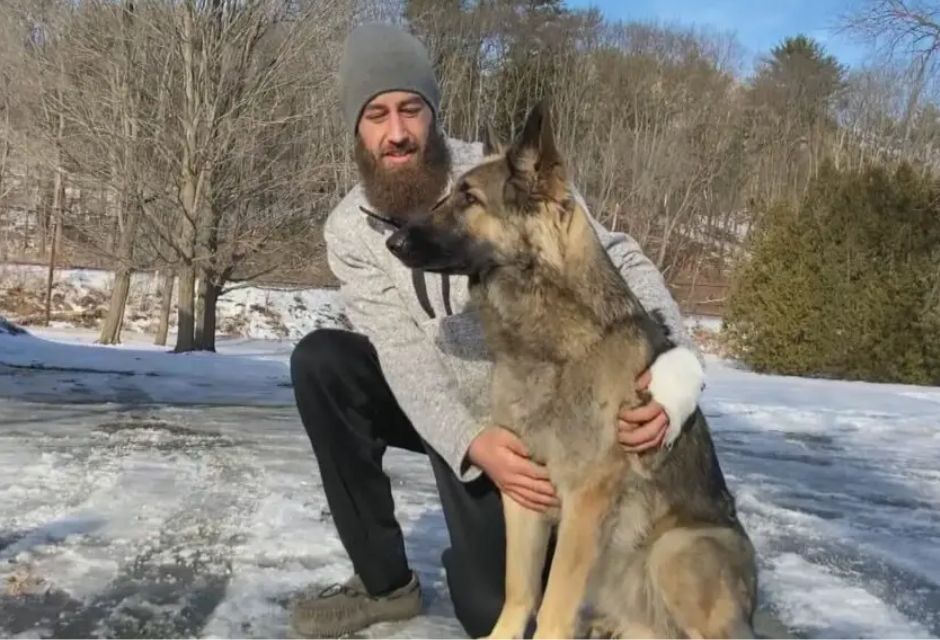 Cachorro pastor alemão com um homem ao lado dele de calça preta e blusa de frio cinza e touca na neve- metrópoles