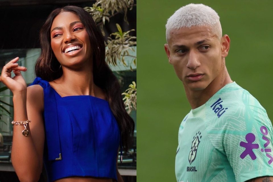 Montagem de duas fotos coloridas, uma de Tina Calamba e outra de Richarlison