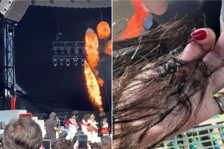 Imagem colorida mostra palco de show com efeitos de pirotecnia e mulher com cabelo queimado - Metrópoles