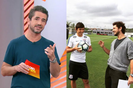 À esquerda, Felipe Andreoli no Globo Esporte; à direita, apresentador com Romero, do Corinthians, em 2017 - Metrópoles