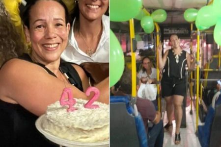 Foto colorida de aniversário de uma mulher dentro de um ônibus em BH - Metrópoles