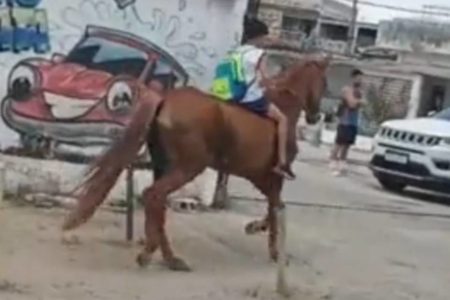 Foto colorida de menino indo para escola a cavalo - Metrópoles