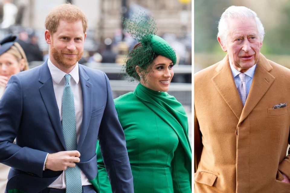 Montagem com fotos coloridas. A primeira aparece um homem branco, ruivo e com terno de mãos dadas com uma mulher negra, com roupas e chapéu verde esmeralda. Na segunda foto, aparece um homem branco, com cabelo grisalho e um casaco caramelo - Metrópoles