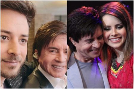 Montagem colorida de Xororó com os filhos, Sandy e Junior - Metrópoles