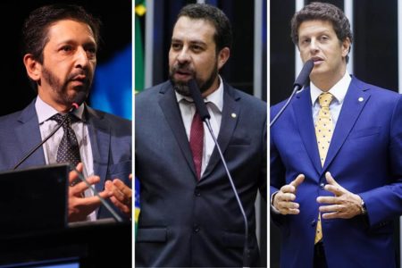 Montagem com fotos do prefeito de São Paulo, Ricardo Nunes, e dos deputados federais Guilherme Boulos e Ricardo Salles