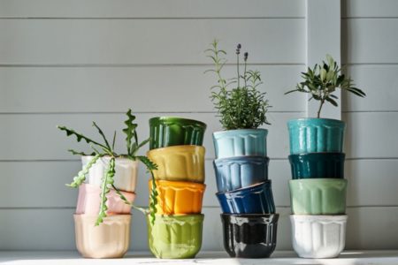 Vasos de planta de dversas cores, azul, laranja, branco, amarelo , verde com algumas plantas dentro - metrópoles