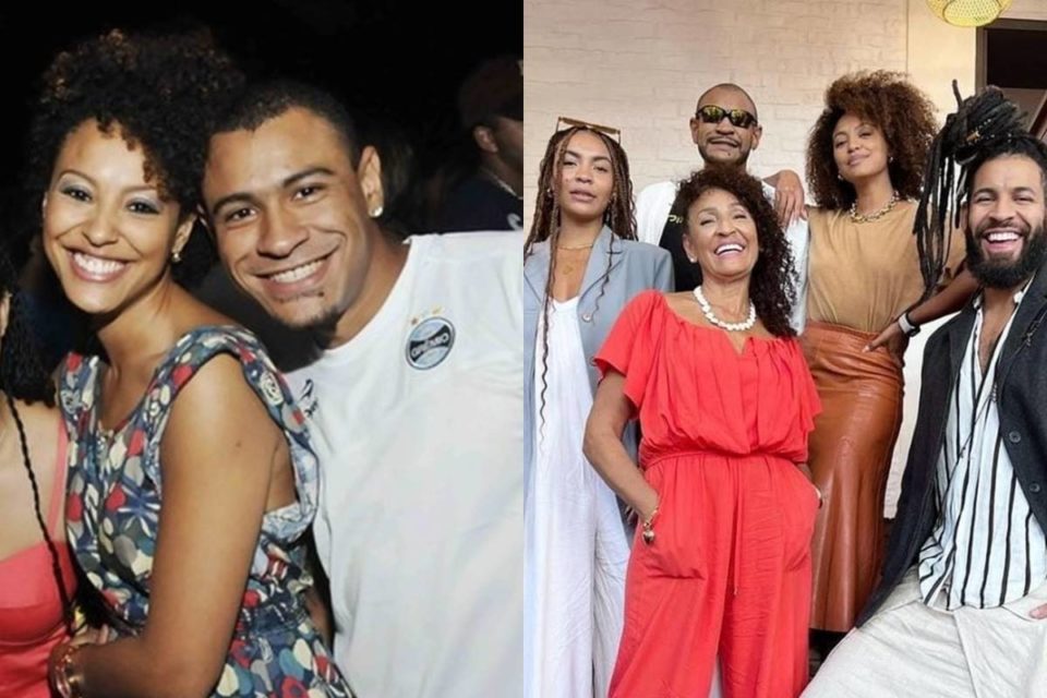 Fotos coloridas de Sheron Menezzes em família na esquerda e a atriz e o irmão Draiton Menezes