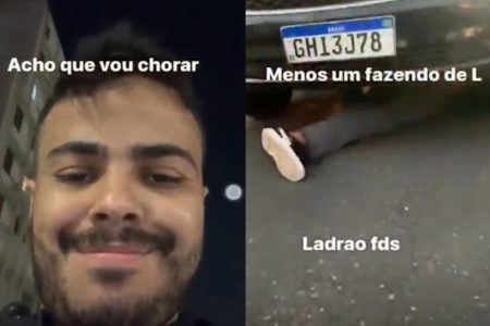 Imagem mostra homem de bigode e perna de vítima de atropelamento com a legenda "Menos um fazendo L" - Metrópoles