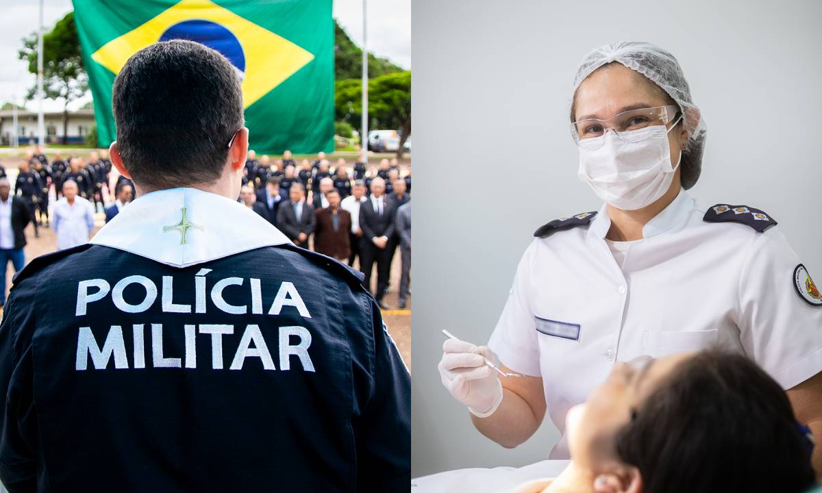 Fotografia colorida com montagem em duas partes. Em uma, um capelão da PM na frente de um grupo de pessoas. Na outra, uma dentista em atendimento-Metrópoles