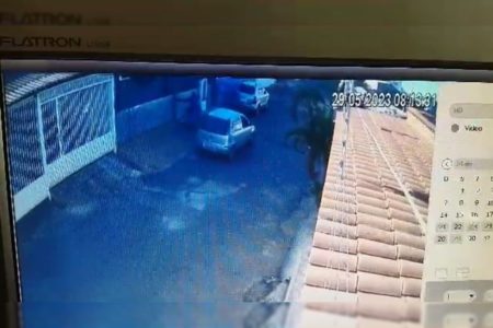 Imagem de câmera de segurança mostra um cão e um carro em frente ao portão de uma casa