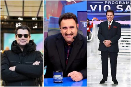 Montagem colorida de Celso Portiolli (à esquerda), Ratinho (ao centro) e Silvio Santos (à direita), Metrópoles