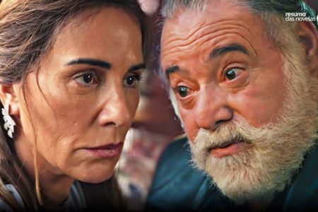 Montagem colorida de Irene e Antônio, personagens da novela Terra e Paixão - Metrópoles