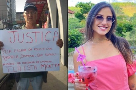 imagem colorida dividida em duas partes, com o pai de rafaela drumond segurando um cartaz de protesto e a escrivã de Minas Gerais posando com um drink rosa - Metrópoles