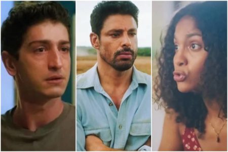 Montagem colorida de Daniel, Caio e Aline, personagens da novela Terra e Paixão - Metrópoles