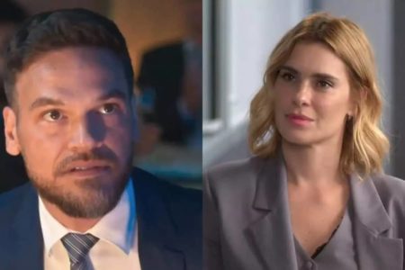 Montagem colorida de Theo e Luimiar, personagens da novela Vai na Fé - Metrópoles