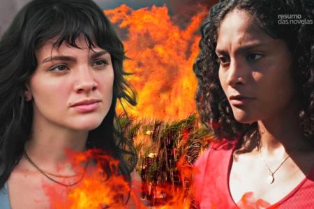 Montagem colorida de Petra e Aline, personagens da novela Terra e Paixão - Metrópoles