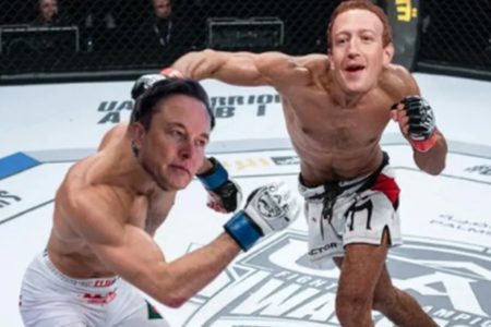 Imagem colorida de suposta "luta" entre Elon Musk e Mark Zuckerberg