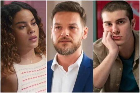 Montagem colorida de personagens da novela Vai na Fé - Metrópoles