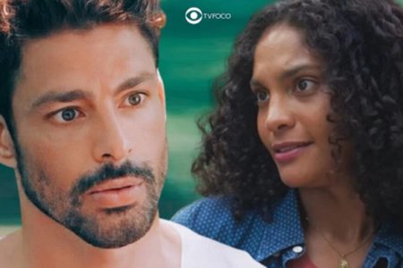 Montagem colorida de Caio (Cauã Reymond) e Aline (Barbara Reis), personagens da novela Terra e Paixão - Metrópoles