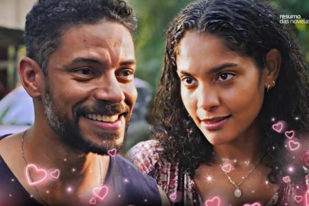 Imagem colorida de Jonatas e Aline, personagens da novela Terra e Paixão- Metrópoles