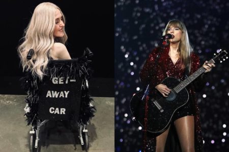 montagem com mulher loira de costas em cadeira de rodas e taylor swift tocando violão - metrópoles