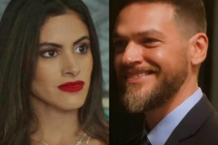 Imagem colorida de Theo e Érika, personagens da novela Vai na Fé - Metrópoles