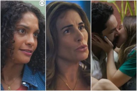 Montagem colorida de Aline (Barbara Reis), Irene (Gloria Pires), Luigi (Rainer Cadete) e Anely (Tata Werneck) em cenas de Terra e Paixão - Metrópoles