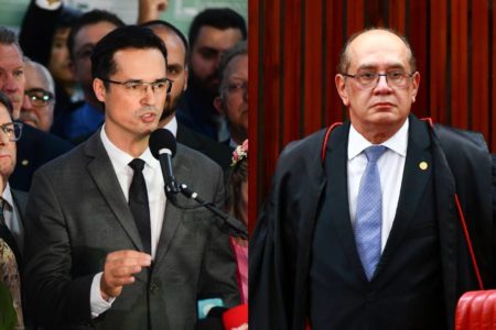 imagem colorida mostra deltan dallagnol, homem branco usando oculos, com cabelo preto e terno cinza, com gravata preta e camisa branca. ao lado, foto do ministro do supremo tribunal federal gilmar mendes, homem careca com óculos e terno preto, com gravata azul e camisa branca