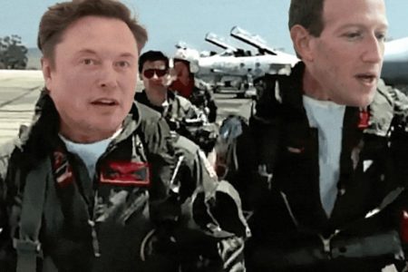 Imagem de meme com Elon Musk e Mark Zuckerberg com roupas de aviadores, em um aeroporto, com aviões ao fundo